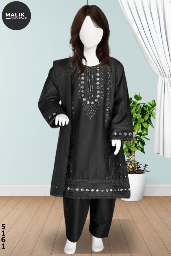 5161- Girls 3Pcs Embroidered & Stitched Cotton Midi Shirt Set
