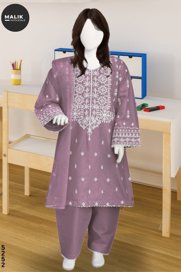 5290- Girls 3Pcs Embroidered & Stitched Cotton Midi Shirt