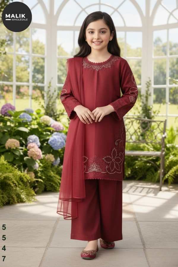 5547- Girls 3Pcs Embroidered & Stitched Dhanak Midi Shirt