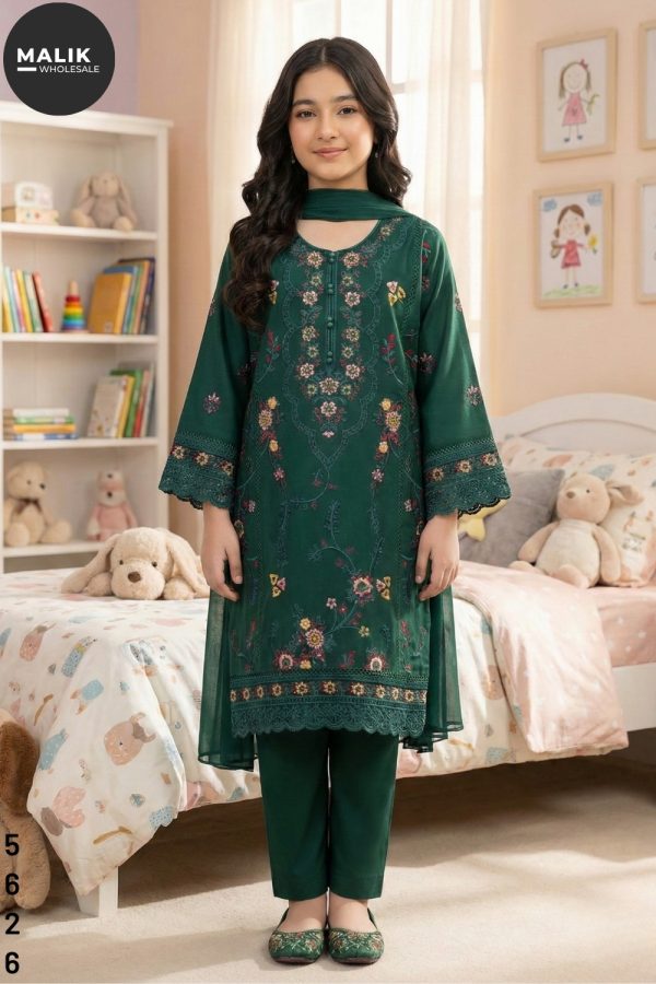 5626- Girl's 3Pcs Embroidered & Stitched Dhanak Midi Shirt