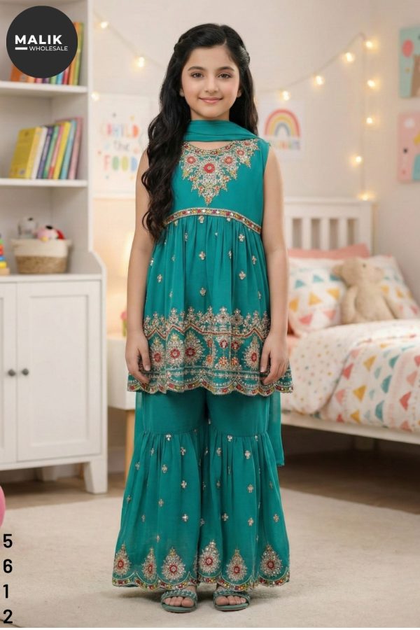 5612- Girls 3Pcs Embroidered & Stitched Chiffon Sharara