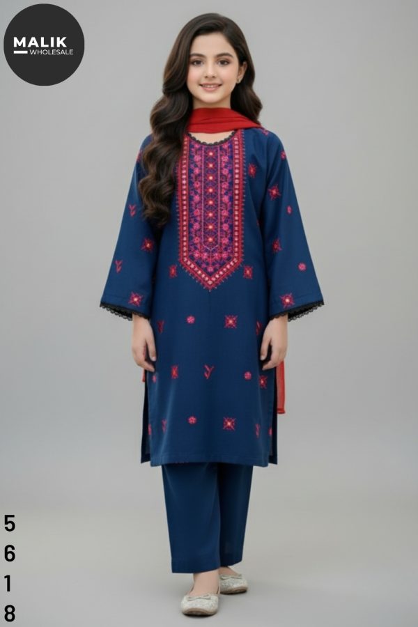 5618- Girl's 3Pcs Embroidered & Stitched Dhanak Midi Shirt