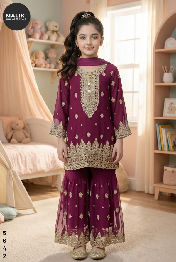 5642 – Girl’s 3Pcs Embroidered & Stitched Chiffon Sharara