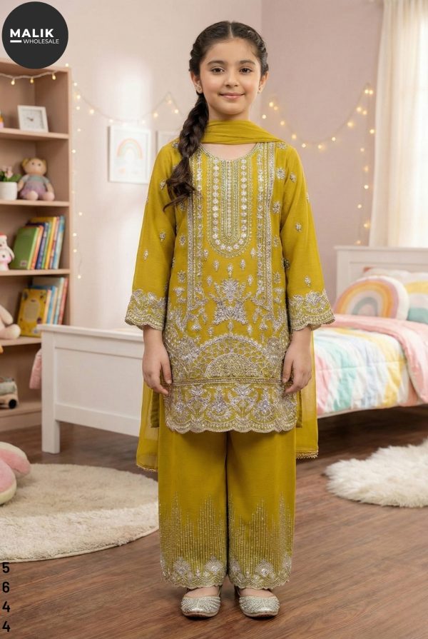 5644- Girl's 3Pcs Embroidered & Stitched Chiffon Midi Shirt