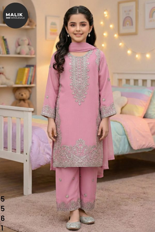 5561 – Girl’s 3 Pcs Embroidered & Stitched Chiffon Midi Shirt Dress