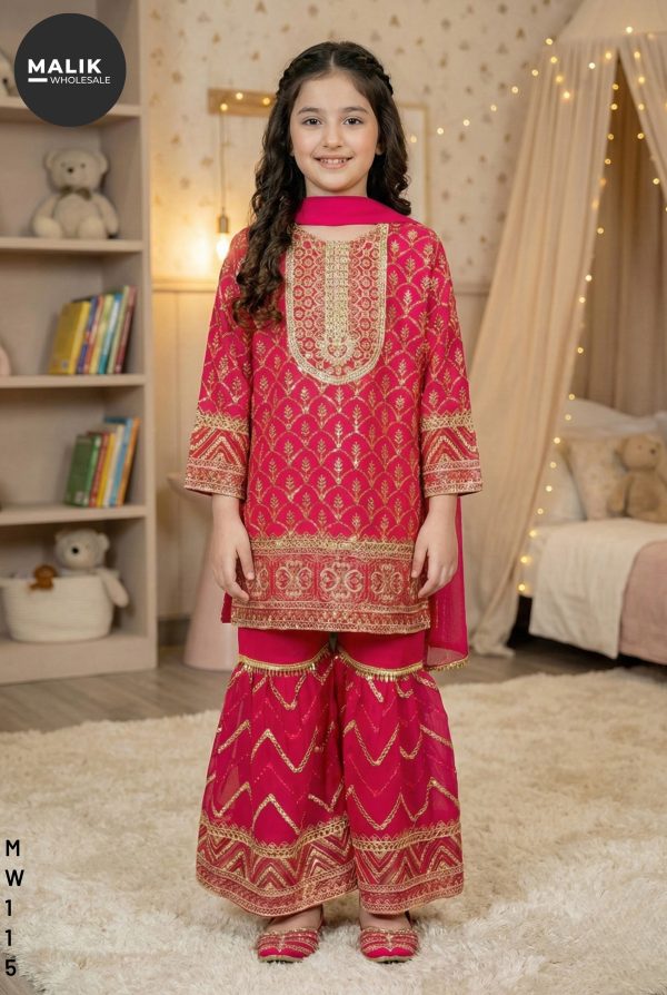 MW115 – Girl’s 3Pcs Embroidered & Stitched Chiffon Sharara