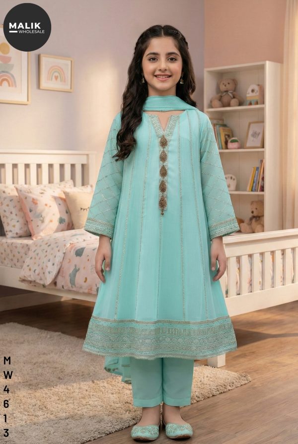 MW4613 – Girl’s 3Pcs Embroidered & Stitched Chiffon Frock
