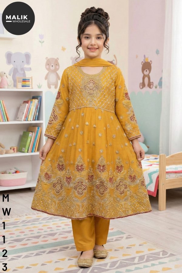 MW1123- Girl's 3Pcs Embroidered & Stitched Chiffon Frock