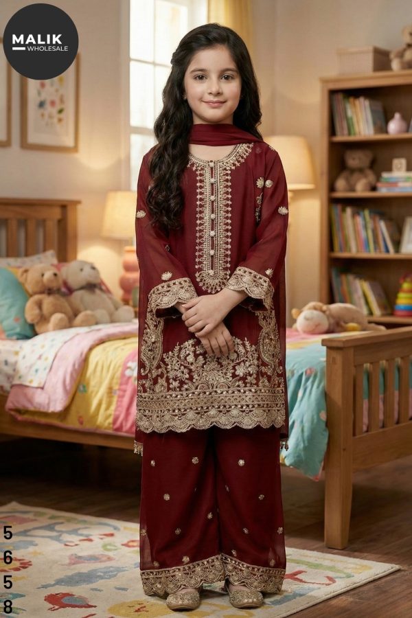 5540 – Girl’s 3Pcs Embroidered & Stitched Chiffon Midi Shirt