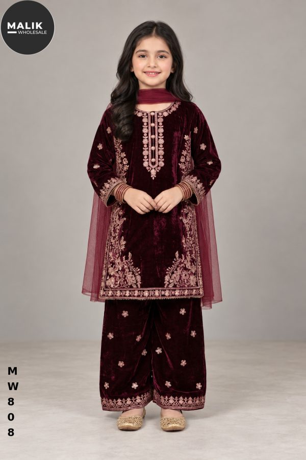 MW808 | Kids Embroidered Velvet Palazzo Suit – 6-Piece Wholesale Pack